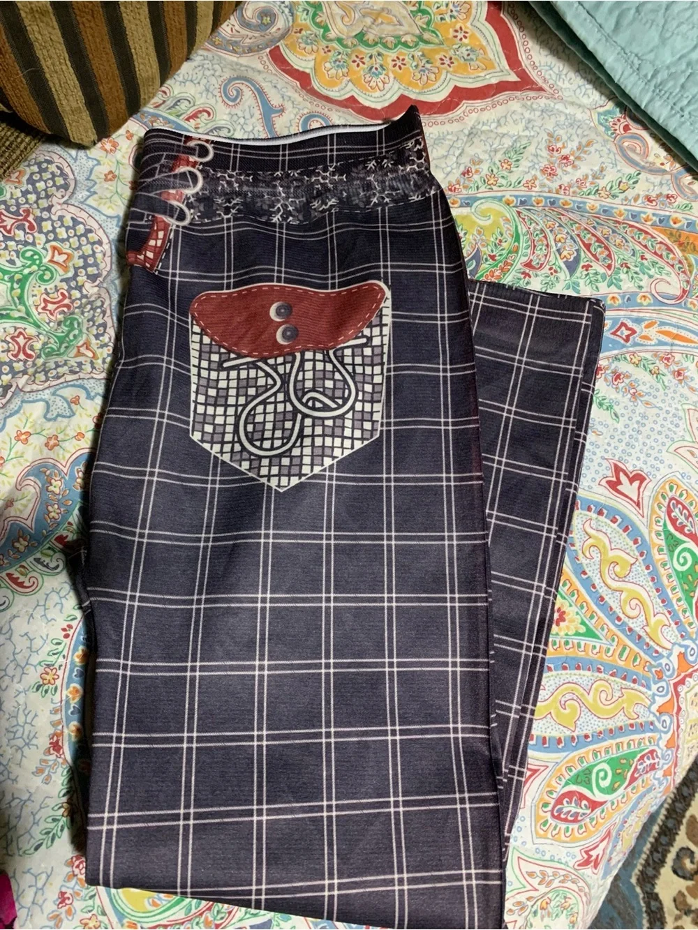 Black Plaid Kids Tights with Faux Belt Waistband